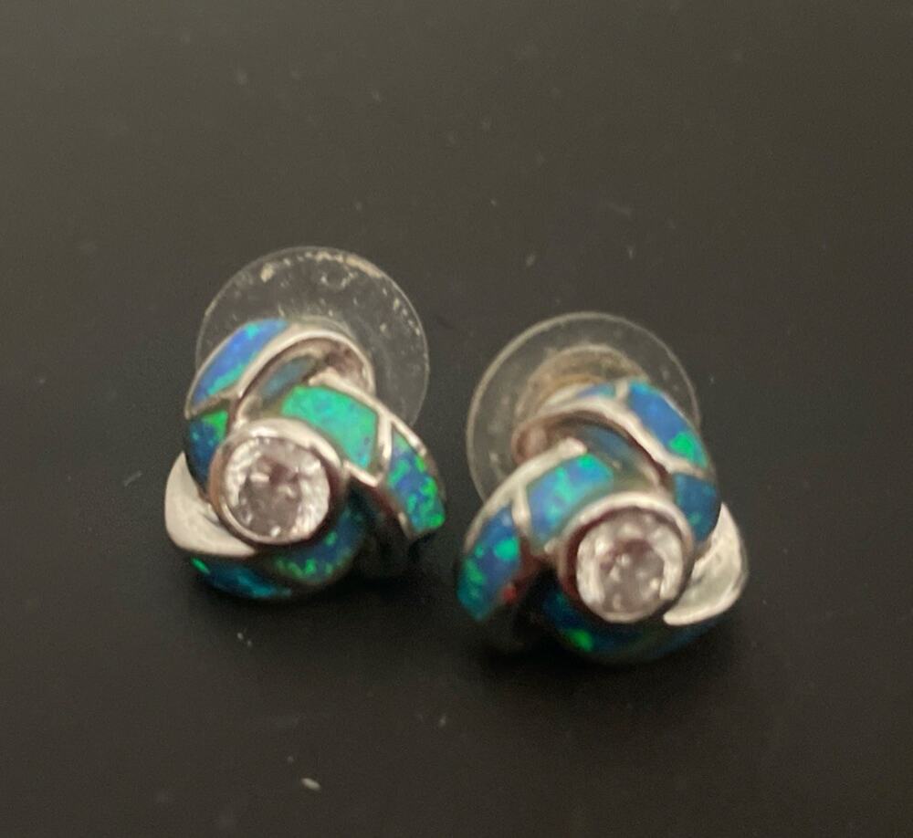 Vintage 925 Sterling Silver Blue Green Opal Knot Post Earrings CZ